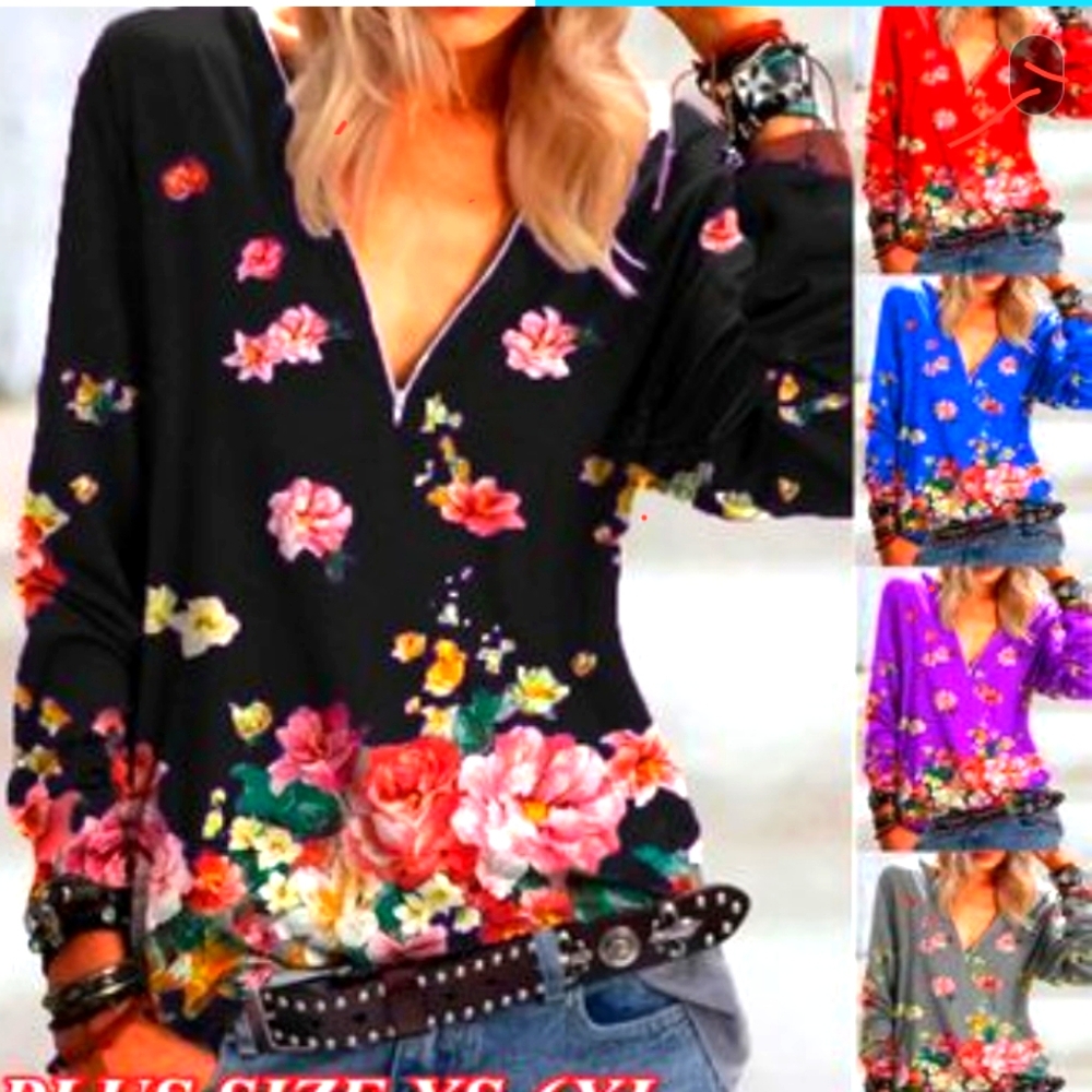 Long sleeve purple floral zip up shirt